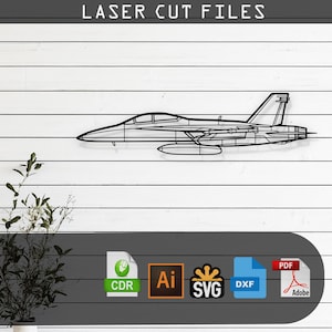 May include: A black and white line drawing of a fighter jet, suitable for laser cutting. The image includes file formats for CDR, AI, SVG, DXF, and PDF.