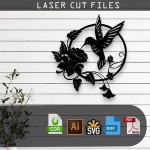 May include: Black and white laser cut file design of a hummingbird in a circle with a flower. The design is available in CDR, AI, SVG, and DXF formats.