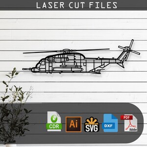 May include: Black laser-cut metal helicopter wall art. The design features a detailed outline of a helicopter, including the rotor blades and tail. The text "LASER CUT FILES" is at the top. Includes file formats: CDR, AI, SVG, DXF, and PDF.