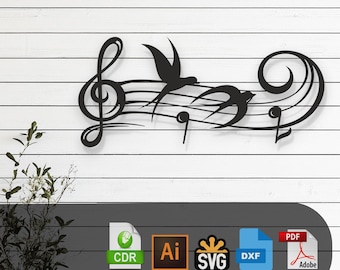 Diseño de corte láser de notas musicales decorativas y pájaros: archivos SVG, DXF, Ai y PDF Glowforge, Cricut, CNC, decoración de pared, descarga digital instantánea