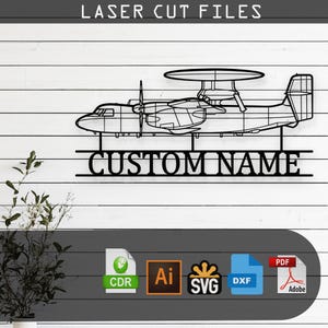 May include: Black metal laser-cut sign featuring an airplane design with a radar dome and propellers. The sign includes the text "CUSTOM NAME" and "LASER CUT FILES". File format icons are displayed below the sign.