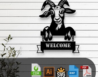 May include: Black and white silhouette of a goat's head with horns, peeking over a sign that says "Welcome". The sign is hanging from two chains. The image is a digital file for laser cutting.