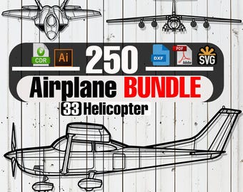 255 Airplane - 33 Helicopter Bundles – SVG, DXF, Ai, Pdf Files for Glowforge, Cricut, Metal, Wall Decor, Digital Instant Download
