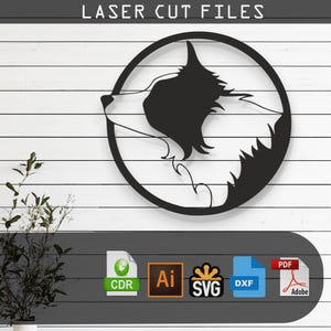 May include: Black and white silhouette of a dog's head inside a circle.  The image is a digital download for laser cutting.  The file formats included are CDR, AI, SVG, DXF, and PDF.