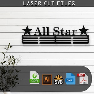 May include: Black metal medal display with the text "All Star" and two stars. The display has five horizontal bars for hanging medals. The image shows file formats available for download: CDR, AI, SVG, DXF, and PDF.