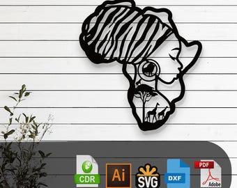 Africa Map Woman Laser Cut Vector Design – SVG, DXF, Ai, Pdf Files Glowforge, Cricut, CNC, Metal, Wall Decor, Digital Instant Download