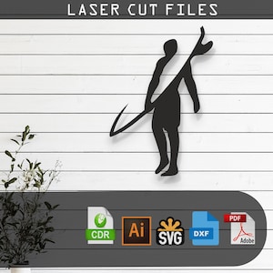 Puede incluir: Silueta negra de una persona sosteniendo una tabla de surf. La imagen está sobre un fondo de madera blanca. Los formatos de archivo disponibles son CDR, AI, SVG, DXF y PDF.