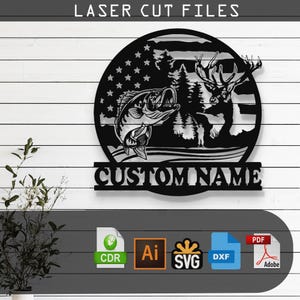 May include: Black metal laser cut wall art featuring a fish and deer silhouette within a circle, with an American flag design. The text "CUSTOM NAME" is below the circle, and the words "LASER CUT FILES" are at the top. Includes file format icons.