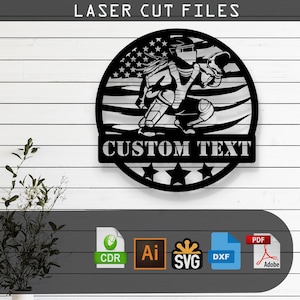 May include: Black and white laser cut design of a baseball player in a catcher's stance with an American flag background. The design includes the text "CUSTOM TEXT" below the player. The design is available in CDR, AI, SVG, DXF, and PDF formats.