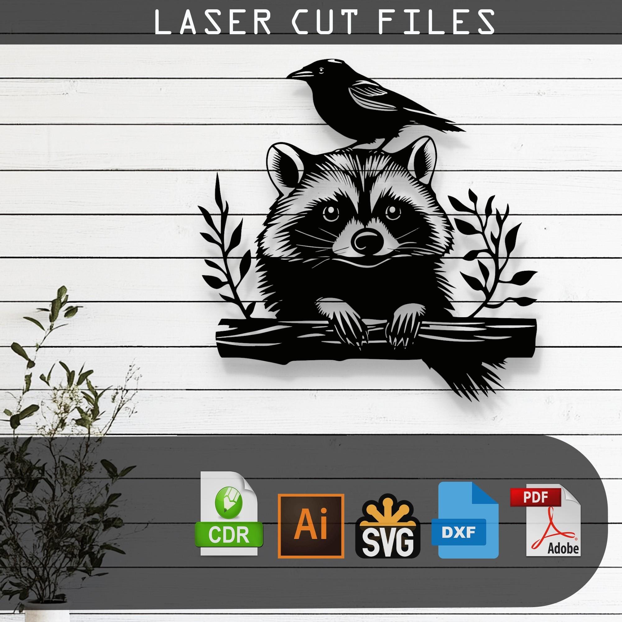 Decorative Racoon and Crow Laser Cut Vector Design - SVG DXF Ai Pdf Files Glowforge Cricut CNC Wall Decor Metal Art Digital Instant Download