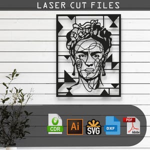 May include: Black and white laser cut file design of Frida Kahlo's face with geometric shapes. The design is available in CDR, AI, SVG, DXF, and PDF formats.