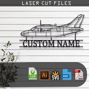 May include: A black laser cut file design featuring a side profile of a twin-engine airplane silhouette positioned above the text CUSTOM NAME. The graphic includes file format icons for CDR, Ai, SVG, DXF, and PDF, with the text LASER CUT FILES.