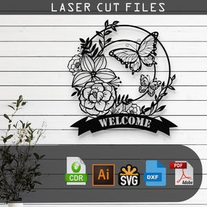 カスタマイズ可能な蝶と花のレーザーカット - ウェルカムサイン - Glowforge Cricut CNC 壁装飾用 SVG DXF Ai Pdf ファイル メタルアート デジタル