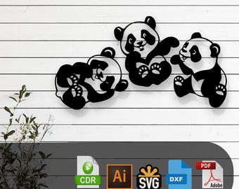 3 peças panda silhueta design corte a laser svg dxf arquivos adesivo de parede decalque silhueta modelo corte digital vetor download instantâneo