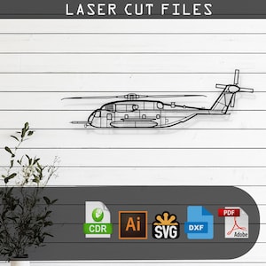 May include: Black and white line art illustration of a helicopter. The image is labelled "Laser Cut Files" and includes file formats: CDR, AI, SVG, DXF, and PDF.