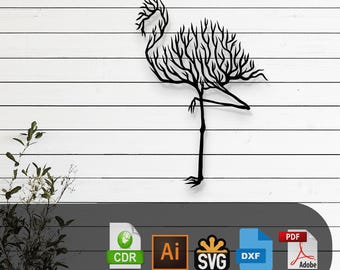 May include: Black silhouette of a flamingo with a tree-like design. The flamingo is standing on one leg with its head tilted to the side. The image is on a white wood background with a row of icons below the image. The icons are for CDR, AI, SVG, DXF, and PDF file formats.
