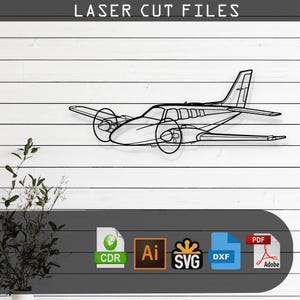 May include: A black and white line art illustration of a small airplane. The image is labeled "Laser Cut Files" and includes file formats: CDR, AI, SVG, DXF, and PDF.