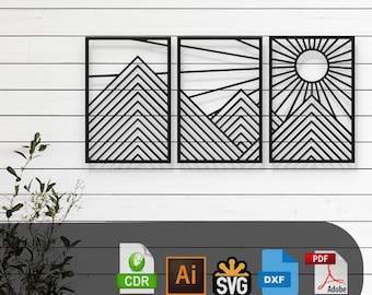 Sun and Mountain Laser Cut Vector Design – SVG, DXF, Ai, Pdf Files for Glowforge, Cricut, CNC, Metal, Wall Decor, Digital Instant Download