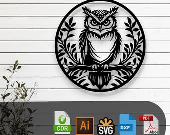 Owl on Tree Branch Silhouette – Glowforge, Cricut, Laser Cut File, Metal Wall Art, Wood Decor, Owl Stencil SVG DXF