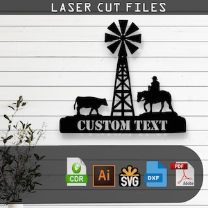 Customizable Wind Mill and Cowboy Laser Cut Vector Files - SVG, DXF, Glowforge, Cricut, CNC, Metal Wall Art, Western Decor Download