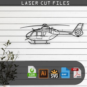 May include: Black line art of a helicopter with the text "LASER CUT FILES" at the top. The helicopter is a side profile with detailed features. Below are file type icons: CDR, AI, SVG, DXF, and PDF.