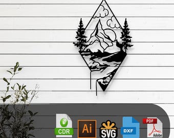 Decorative Mountain Silhouette Laser Cut, Vector Files – SVG, DXF, Ai, Pdf Glowforge, Cricut, CNC, Metal Wall Art, Digital Instant Download