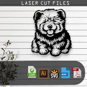 May include: Black and white digital illustration of a Chow Chow dog sitting with its tongue sticking out. The image is suitable for laser cutting.