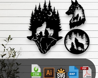 Diseño vectorial cortado con láser de lobo decorativo: archivos SVG, DXF, Ai y PDF para Glowforge, Cricut, CNC, metal, decoración de pared, descarga digital instantánea