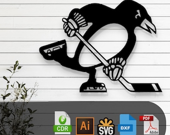 Ice Hockey Penguin Silhouette Laser Cut Vector Design – SVG, DXF, Ai, Pdf Files Glowforge, Cricut, Metal, Wall Decor, Digital Download