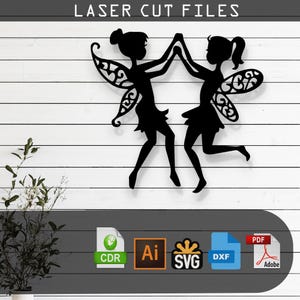 Two Fairy Girl Silhouette Laser Cut Vect SVG, DXF, Ai, Pdf Files for Glowforge, Cricut, Cnc, Metal, Wall Decor, Digital Instant Download