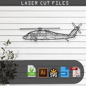 Może przedstawiać: Czarno-biała ilustracja liniowa helikoptera z tekstem "LASER CUT FILES" w górnej części obrazu. Pod helikopterem znajdują się ikony dla dostępnych typów plików do pobrania: CDR, AI, SVG, DXF i PDF.