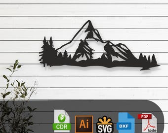 Diseño vectorial cortado con láser de montaña decorativa: archivos SVG, DXF, Ai y PDF para Glowforge, Cricut, CNC, metal, decoración de pared, descarga digital instantánea