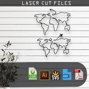 May include: A digital download of laser cut files for a world map design. The files are available in CDR, AI, SVG, and DXF formats. The design features a simple line drawing of the world map with a small airplane icon.
