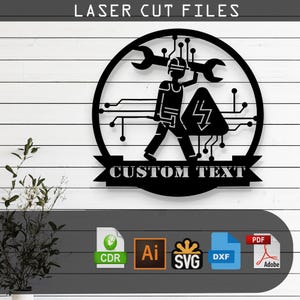 May include: Black and white digital design of an electrician holding a wrench and standing in front of a warning sign with a lightning bolt. The design is in a circle with the text "CUSTOM TEXT" below it. The design is available in CDR, AI, SVG, DXF, and PDF formats.