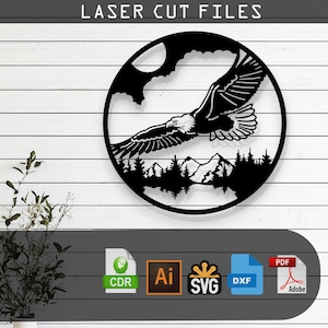 Eagle and Mountain Scenery Silhouette Laser Cut, Vector Files – SVG, DXF, Ai, Pdf Glowforge, Cricut, CNC, Wall Art, Digital Instant Download