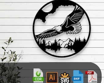 Eagle and Mountain Scenery Silhouette Laser Cut, Vector Files – SVG, DXF, Ai, Pdf Glowforge, Cricut, CNC, Wall Art, Digital Instant Download