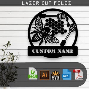 Letrero personalizado de abeja - SVG DXF AI PDF CDR EPS - Arte de pared de colmena cortado con láser CNC