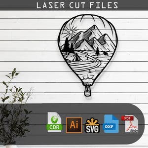 May include: Black and white line art illustration of a hot air balloon with a mountain landscape inside. The balloon has a basket and a rope. The mountain landscape includes mountains, trees, a river, and a tent.