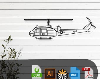 UH-1 Med Huey Helicopter Silhouette Laser Cut Vector Design – SVG, DXF, Ai, Arquivos PDF Glowforge, Cricut, Metal, Decoração de parede, Download digital