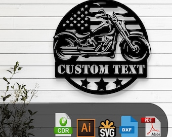 May include: Black and white laser cut file design of a motorcycle with an American flag in the background. The design includes the text "CUSTOM TEXT" and five stars.
