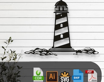 May include: Black and white silhouette of a lighthouse with a striped tower and a small building on top. The lighthouse is on a rocky shore. The image is for laser cutting files and includes the file formats CDR, AI, SVG, DXF, and PDF.