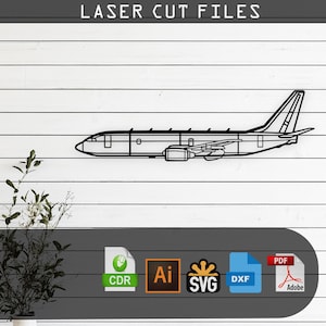 Könnte beinhalten: Schwarzes, lasergeschnittenes Flugzeugdesign vor weißem Holzgrund. Der Text "LASER CUT FILES" steht oben. Unter dem Flugzeug befinden sich Symbole für die Dateiformate CDR, AI, SVG, DXF und PDF.
