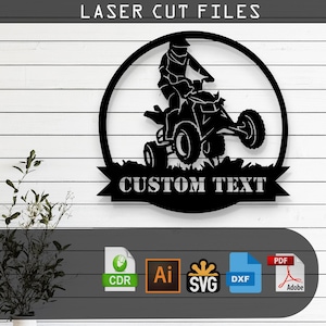 May include: Black and white silhouette of a person riding an ATV with the text "CUSTOM TEXT" in a banner below. The image is in a circle with a white background. The file formats available are CDR, AI, SVG, DXF, and PDF.