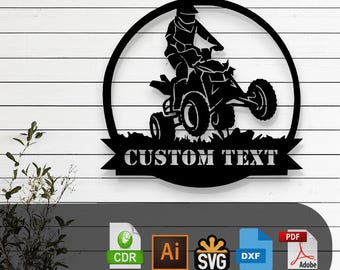 May include: Black and white silhouette of a person riding an ATV with the text "CUSTOM TEXT" in a banner below. The image is in a circle with a white background. The file formats available are CDR, AI, SVG, DXF, and PDF.