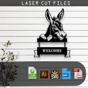 Farm Animal Donkey Welcome Sign Laser Cut Vector Design –SVG, DXF, Ai, Pdf Files Glowforge, Cricut, CNC, Wall Decor,Digital Instant Download