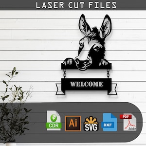 Farm Animal Donkey Welcome Sign Laser Cut Vector Design –SVG, DXF, Ai, Pdf Files Glowforge, Cricut, CNC, Wall Decor,Digital Instant Download