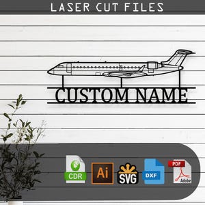 May include: Black metal airplane wall art with the text "CUSTOM NAME" below the plane. The words "LASER CUT FILES" are at the top. Includes file format icons for CDR, AI, SVG, DXF, and PDF.