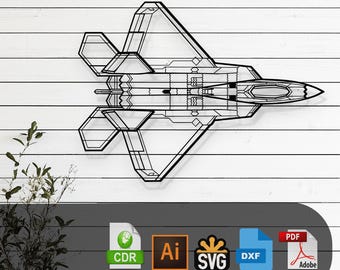 F-22 Raptor Top Airplane Silhouette Laser Cut Vector Design SVG, DXF, Pdf Files Glowforge, Cricut, Metal, Wall Decor, Digital Download