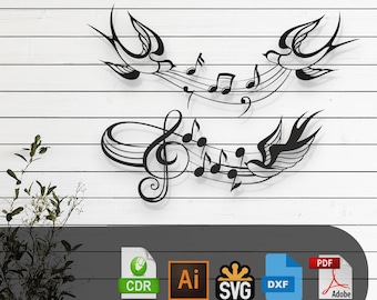 Diseño de corte láser de notas musicales decorativas y pájaros: archivos SVG, DXF, Ai y PDF Glowforge, Cricut, CNC, decoración de pared, descarga digital instantánea