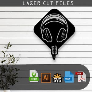 Dekorative Kopfhörer und Mikrofon Laser geschnitten - Willkommensschild -SVG DXF Ai Pdf Dateien für Glowforge Cricut CNC Wanddekor Metall Kunst Digital